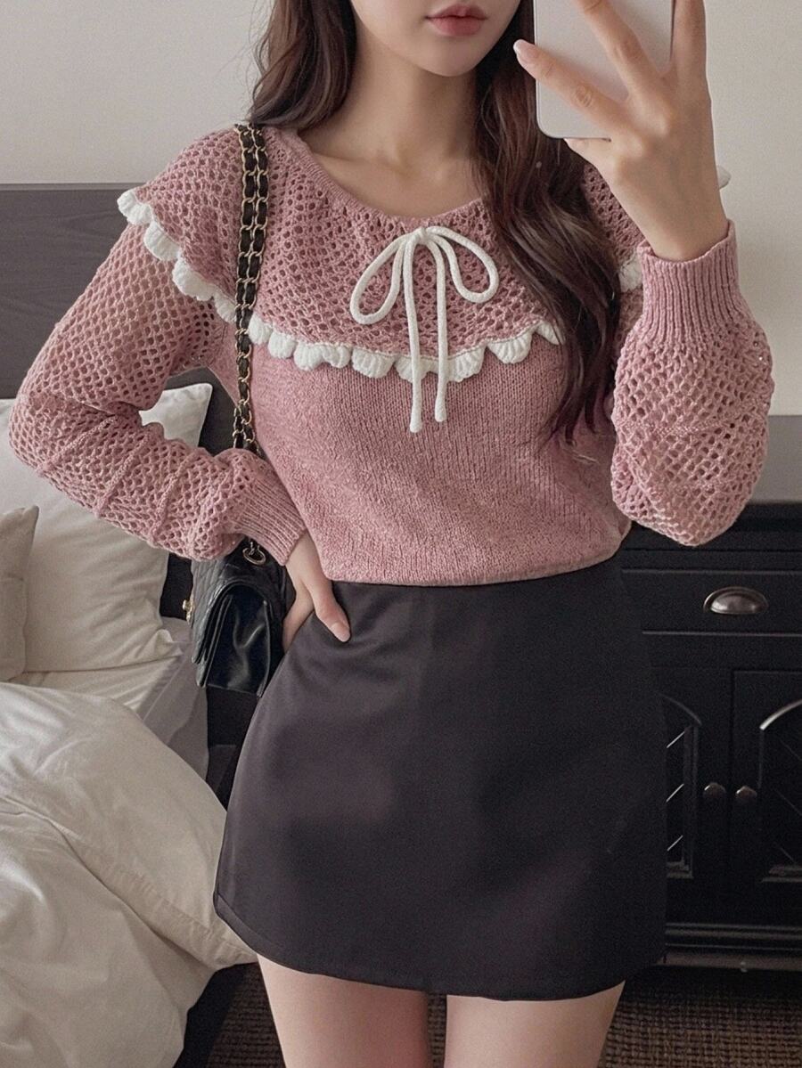 DAZY Women's Front Tie Contrast Color Hollow Out Long Sleeve Fashion Sweater - Pink - View 1