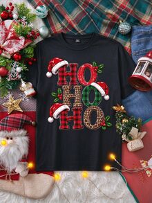 Manfinity Homme 1件中性款 Ho Ho Ho 格紋字母圖案聖誕T恤，短袖圓領節日上衣 - 黑色 - 查看 3