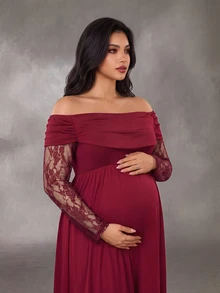 Cheriluna Maternity فستان أنيق بحجم كبير للحوامل بتصميم دانتيل مرقع للخريف/الشتاء - عنابي اللون - مشاهدة 3