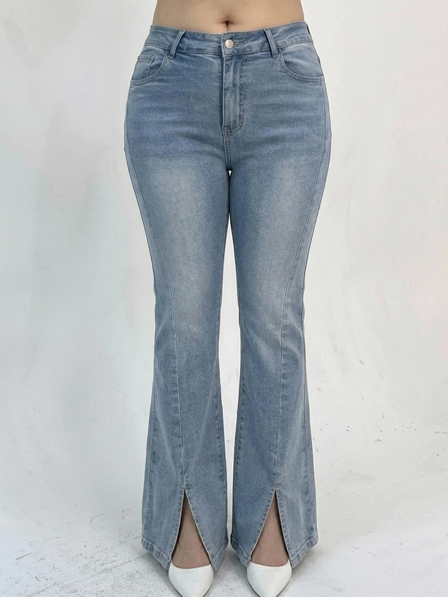 Dazy Plus Vintage Washed Distressed Stretch Skinny Split Hem Flare Jeans, Elegant Versatile Spring/Autumn New Style - Light Wash - View 1