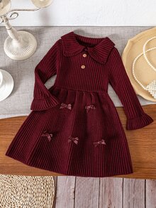 SHEIN Baby Girl Knit Contrast Color Cute Bow Collar Knit Autumn Winter Dress - Burgundy - View 7
