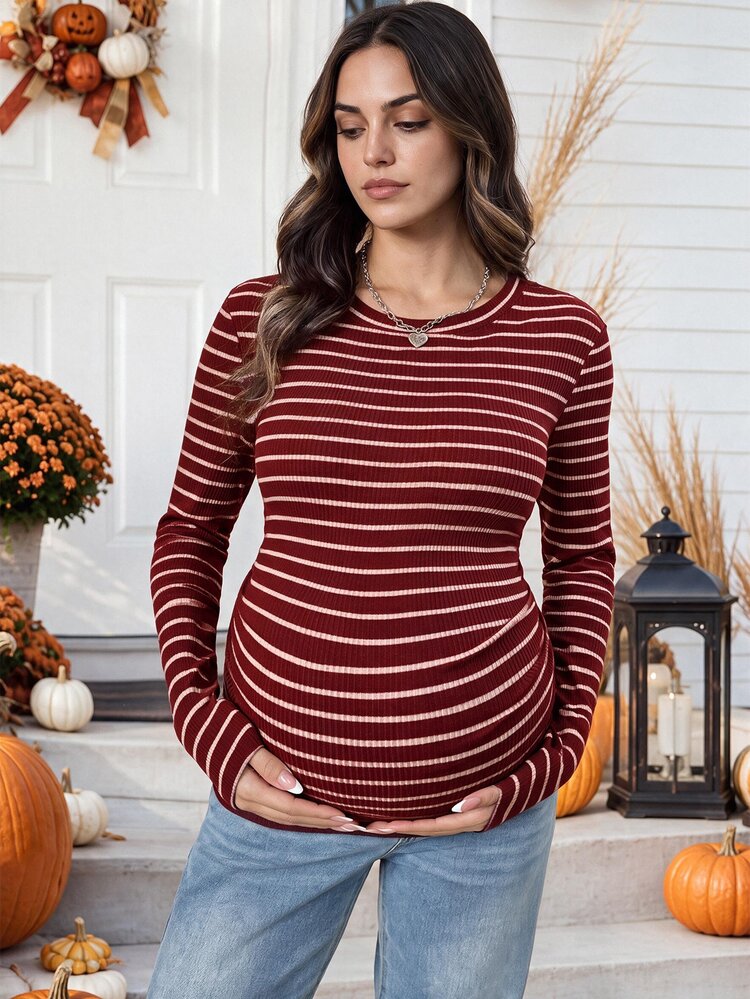 SHEIN Maternity Casual Striped Fitted Long Sleeve T-Shirt For Autumn Halloween Fall/Winter Casual - Red - View 2