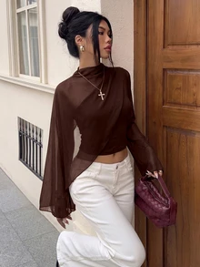 Glamine Women's Elegant Solid Color Asymmetrical Top, Autumn Dinner Going Out Brown - Chocolate Brown - View 3