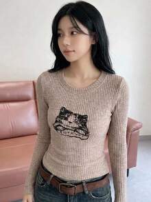 DAZY 青少年女孩卡通貓咪印花圓領長袖休閒T恤 - 卡其色 - 查看 4