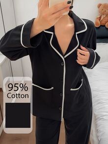Dream Adore Casual Colorblock Patchwork Lapel Cardigan 95% High Cotton Content Comfortable Pajama Set - Black - View 7