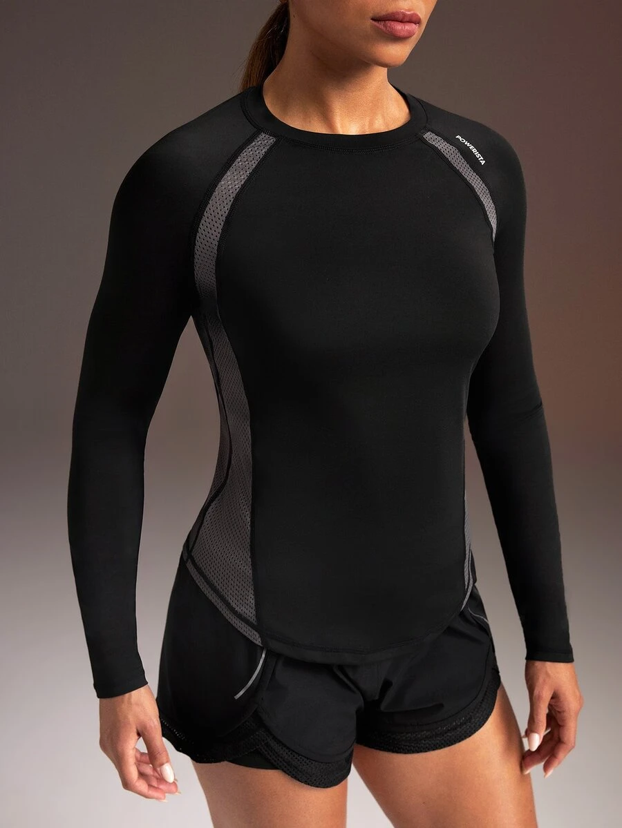 Powerista Women's Colorblock Raglan Long Sleeve Workout T-Shirt, High Stretch Quick Dry Breathable Fitness Top For Weight Training & Running, Sporty Casual - Black - View 1
