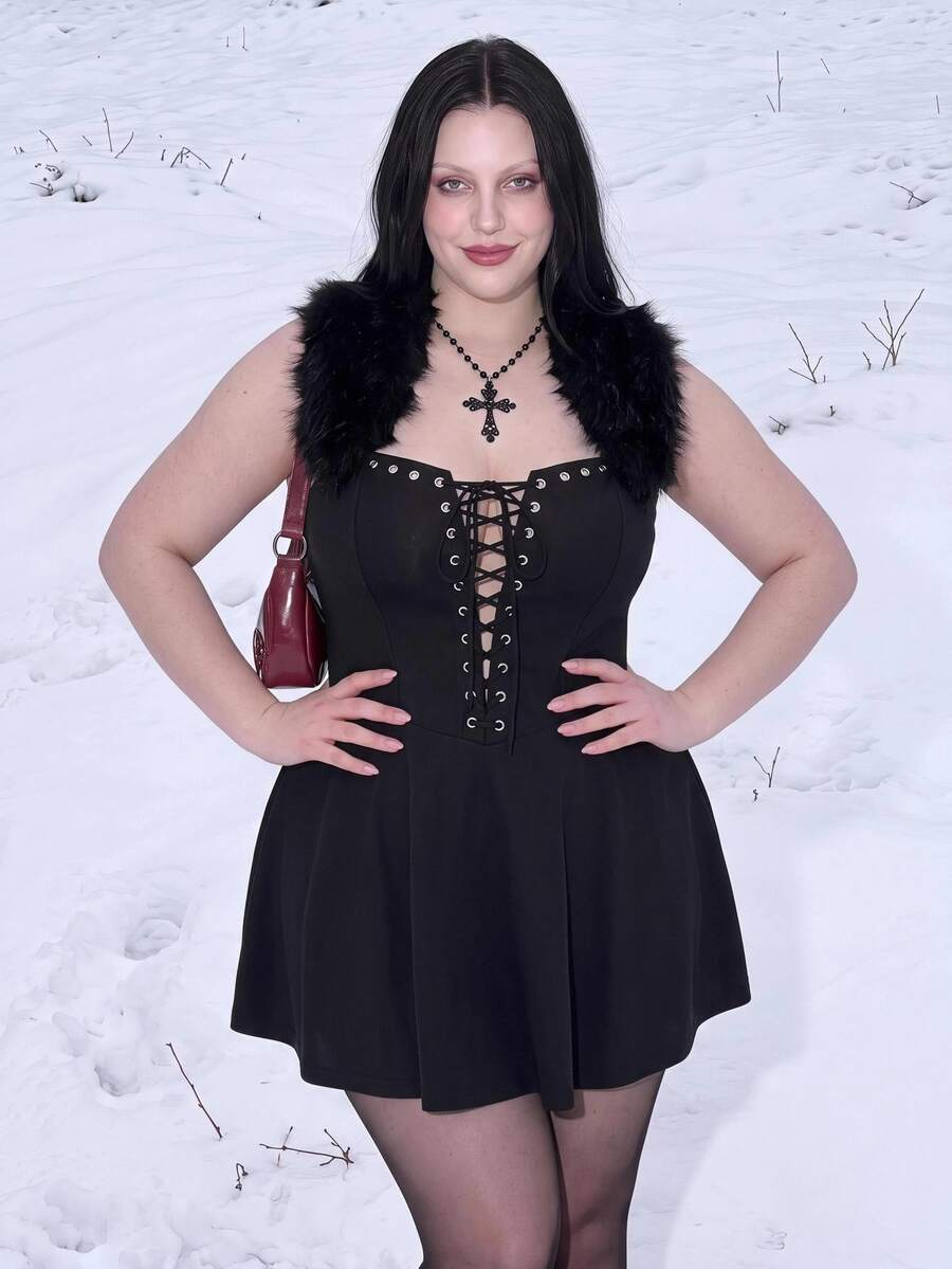 SHEIN ICON Plus Size Y2K Fur Collar Square Neck Backless Square Neck Deep V Cross Tie Mini Dress, Sexy Christmas Party Snow Dress - Black - View 1
