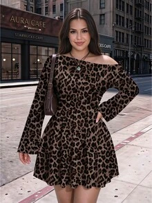 SHEIN ICON 大尺碼復古豹紋休閒洋裝，適合春秋穿著 - 彩色 - 查看 5