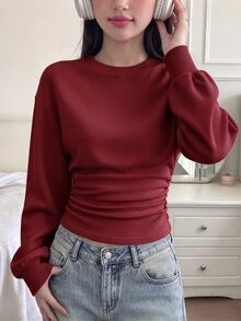 SHEIN 青少年女孩紅色套頭衛衣，腰部抓皺寬鬆休閒百搭校園開學秋季新款 - 酒紅色 - 查看 1