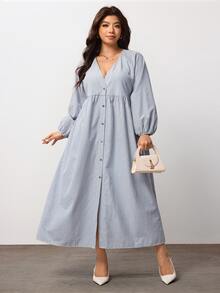 Enliva Plus Size Striped Cotton Blend Button Front Long Sleeve Dress Compatible With Apple Body Round Body - Black and White - View 5