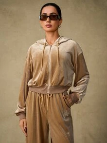 Emperor Women's Autumn/Winter Velvet Zipper Rhinestone Jacket - Khaki - View 3