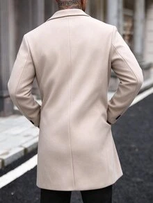 Manfinity Homme 男士大尺碼鈕扣前襟長袖口袋簡約休閒大衣，適合外出，送給朋友、丈夫和男友的禮物，秋冬款 - 杏色 - 查看 2