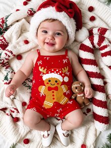 [1 Bộ Romper Bé] Merry Christmas, họa tiết người gừng Noel dễ thương kèm nơ chấm bi, romper dây đeo casual cho bé gái, phù hợp mùa xuân và mùa hè - Nhiều màu - Xem 6