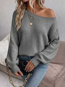 SHEIN LUNE 女款純色單肩休閒日常穿著毛衣 - 灰色 - 查看 1