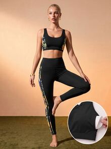CAJUNI Sports Bra With Padded Cups For Everyday Wear, Featuring A Side Floral Print - Black - View 4
