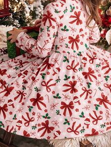 Tween Girl Casual Minimalist Kids Long Sleeve Midi Dress, Suitable For Autumn/Winter, Christmas Atmosphere, Party, Street Style - Multicolor - View 3