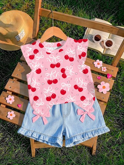 Vintage Sweet Girl Cherry Pattern, Sweet Girl Style, Baby Girl Casual Fashion Cute Flutter Sleeve Round Neck Top Suitable For Spring And Summer, Kawaii Children's Clothing, Sweet Girl Style, Korean Style Children's Clothing, French Sweet Style