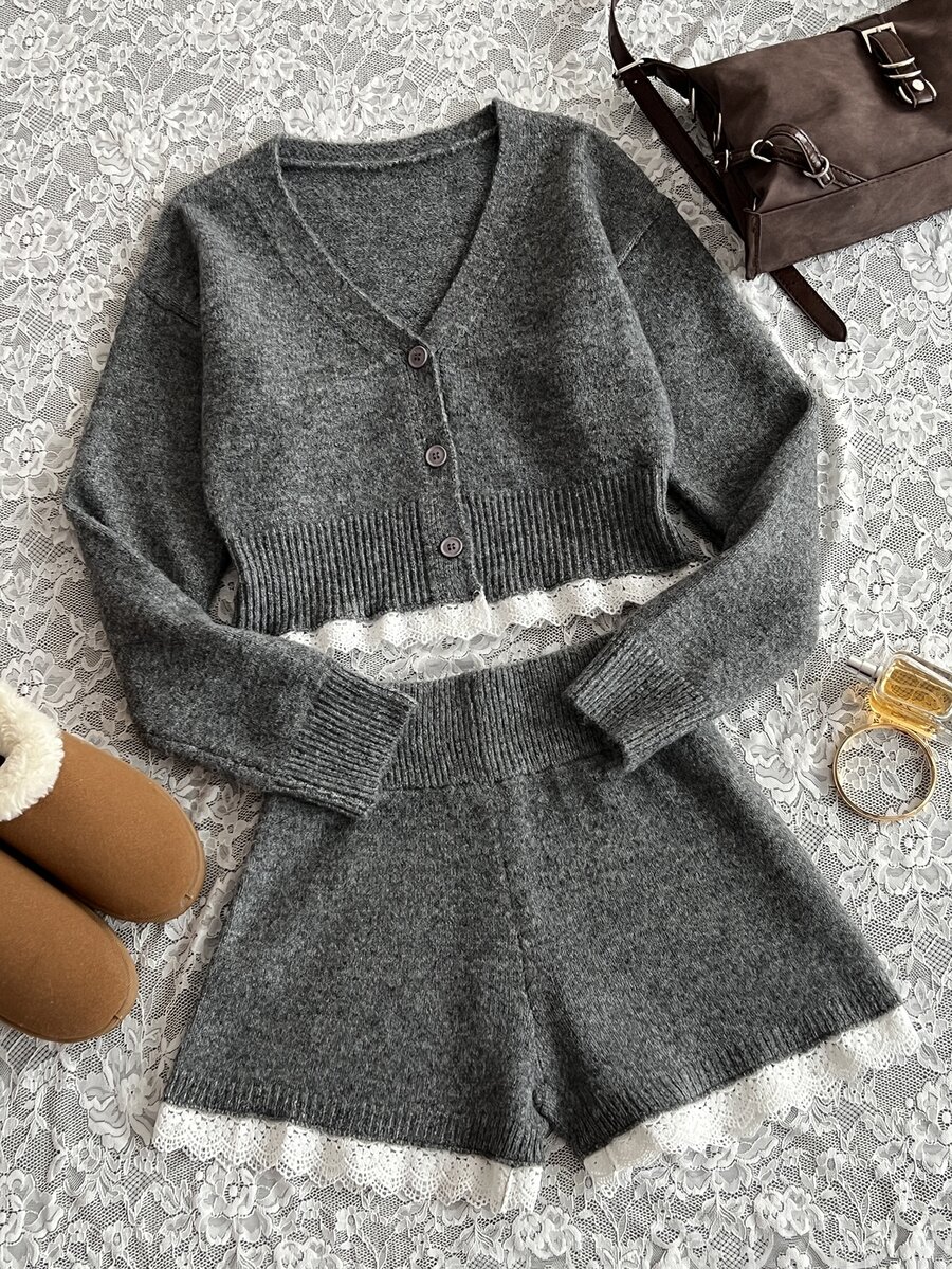 Mori Grove Mori Grove Women's Contrast Lace Long Sleeve Single-Breasted Knit Cardigan And Knit Shorts Casual Set - Grey - View 1