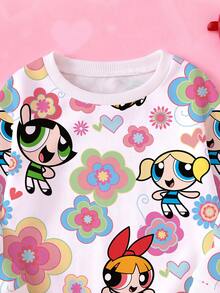 THE POWERPUFF GIRLS X SHEIN 女嬰花卉卡通角色印花長袖寬鬆圓領衛衣，春秋休閒款 - 白色 - 查看 3