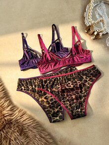 Bare Chapter Plus Size Classic Sexy Leopard Print Wild Contrast Color Satin & Mesh Top + Panties 4-Piece Set - Multicolor - View 2