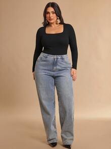 SHEIN BAE Plus Size Women's Black Knitted Square Neck Long Sleeve Fitted Bodysuit,Suitable For Autumn/Winter Bodysuit, Black Winter,Ribbed Fabric,Fall - Black - View 2