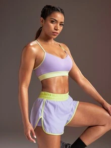 Powerista Women's Colorblock Tank Top And Pocket Double Layer Shorts Sports Set - Purple - View 4