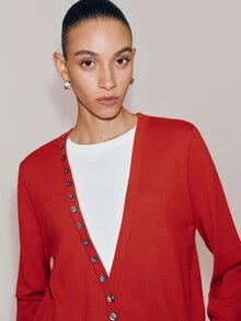 Anewsta Essential Women Elegant Fake Two Pieces Patchwork V Neck Knit Pullover Cardigan, Asymmetrical Diagonal Button Long Sleeve Knitwear, Autumn Winter Christmas & Bla - Red - View 1