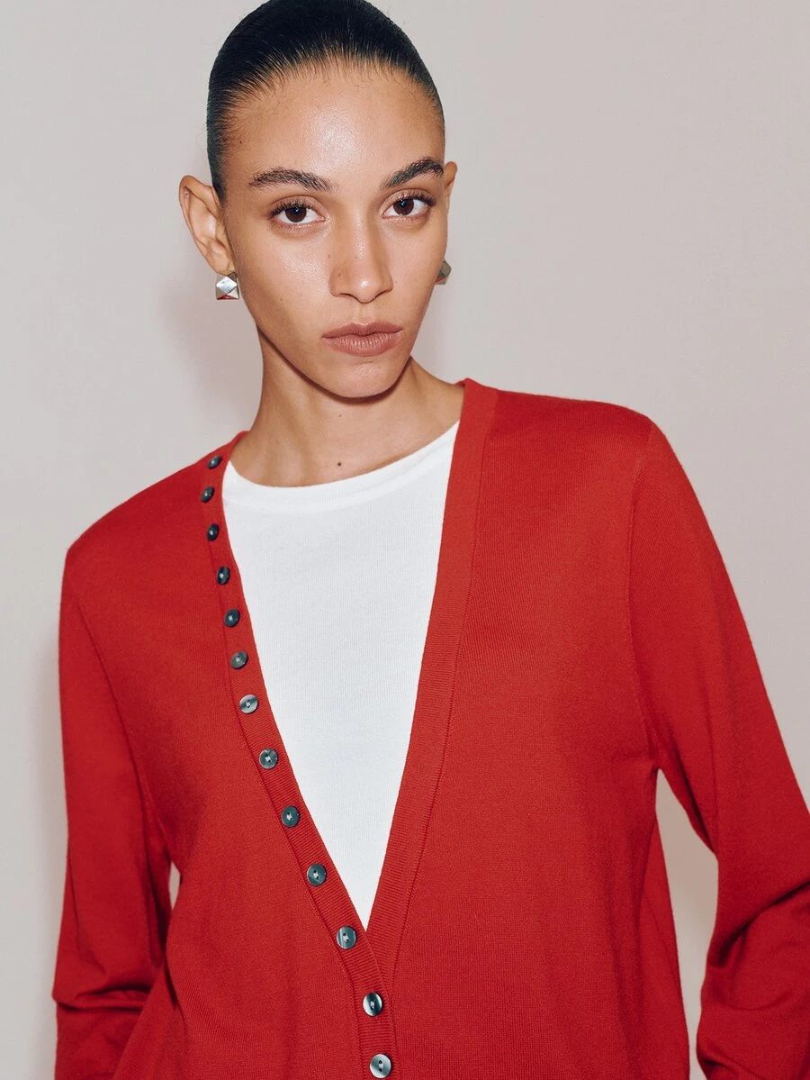 Anewsta Essential Women Elegant Fake Two Pieces Patchwork V Neck Knit Pullover Cardigan, Asymmetrical Diagonal Button Long Sleeve Knitwear, Autumn Winter Christmas & Bla - Red - View 1