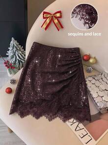 Muvela Women's Sequin Lace Skirt - Brown - View 9