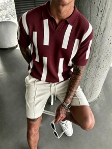 Manfinity CasualKnits 男士對比條紋短袖針織上衣 - 酒紅色 - 查看 1
