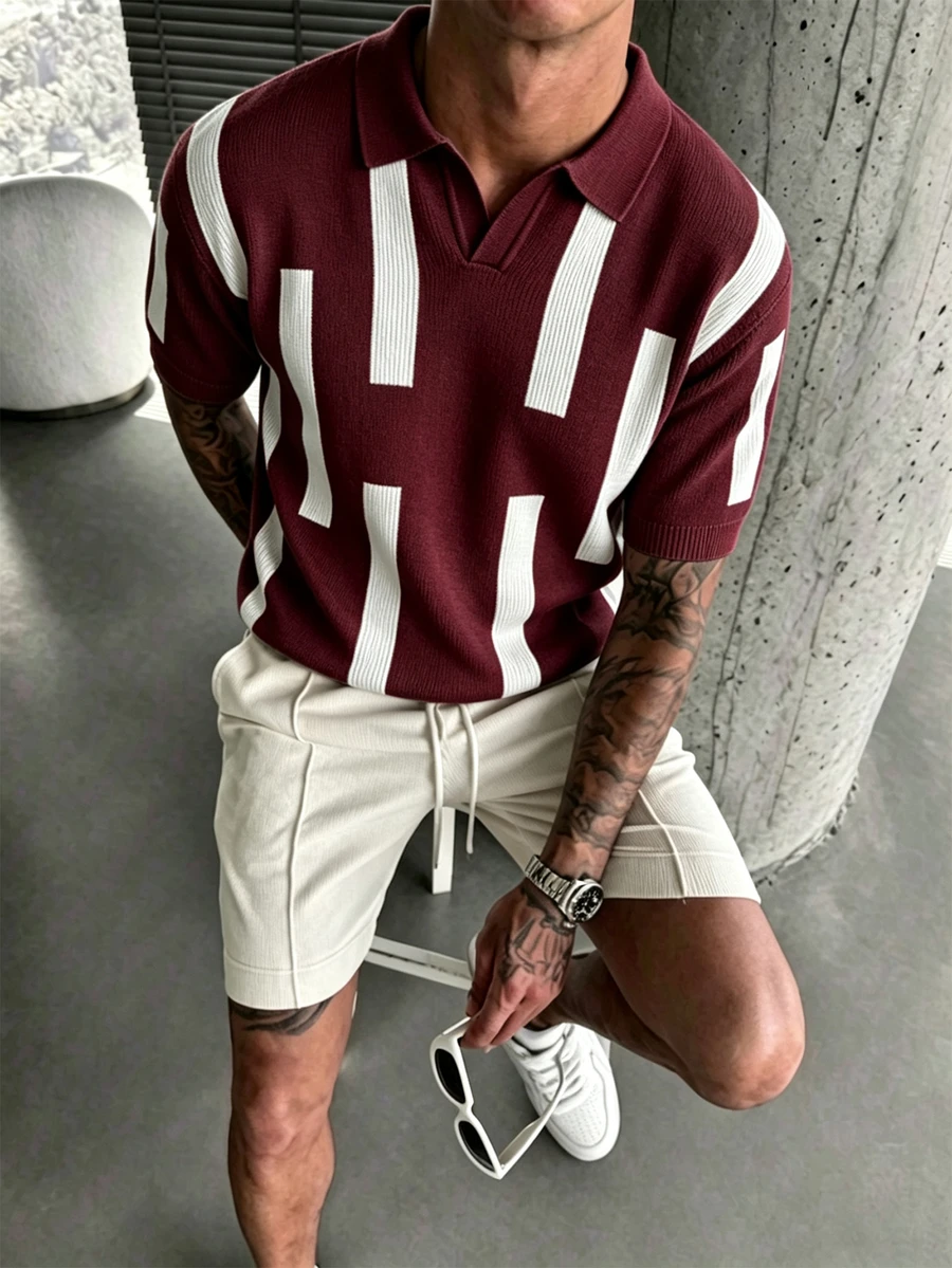 Manfinity CasualKnits 男士對比條紋短袖針織上衣 - 酒紅色 - 查看 1