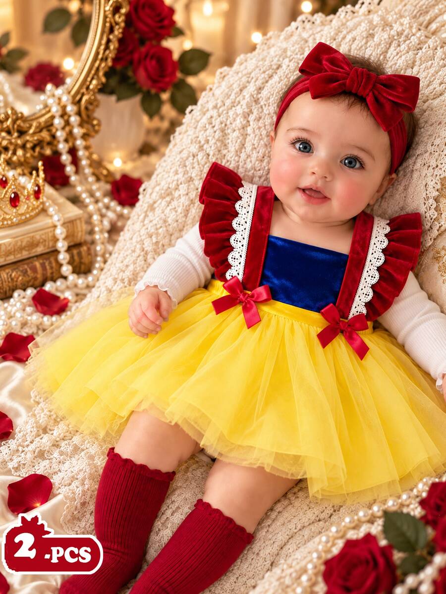 SHEIN 2pcs Baby Girls Tutu Dress Headband Cute Princess Bow Ruffle Lace Mesh Sleeveless Flutter Sleeve Square Neck Birthday Party Elegant Gift - Yellow - View 1