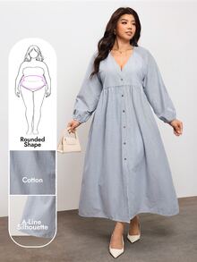 Enliva Plus Size Striped Cotton Blend Button Front Long Sleeve Dress Compatible With Apple Body Round Body - Black and White - View 1