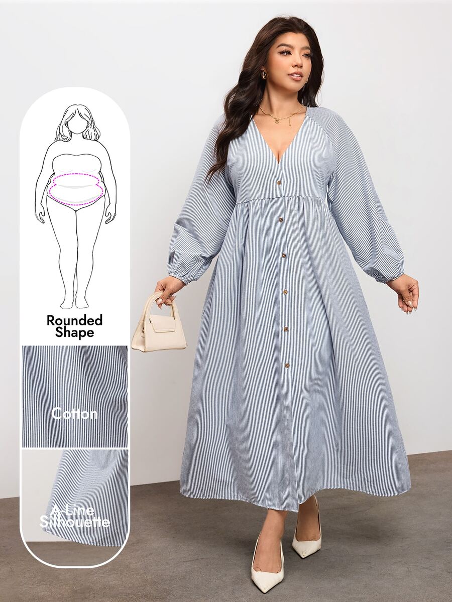 Enliva Plus Size Striped Cotton Blend Button Front Long Sleeve Dress Compatible With Apple Body Round Body - Black and White - View 1