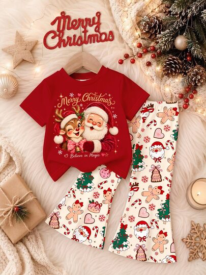 Burgundy Christmas Red, Cute Sweet Fairy Tale Town Christmas Cartoon Reindeer And Santa Claus Pattern Print, Baby Girl Casual Simple Crew Neck Short Sleeve T-Shirt And Flare Pants 2 Pieces Set, Suitable For Daily Wear, Indoor Outfit, Layering, Holiday Party, Vacation, Christmas Celebration, Autumn/Winter New Arrival, New Year Outfit, Christmas New Year Limited Edition