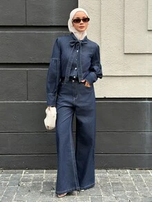 DAZY Women's Tie Neck Long Sleeve Shirt And Long Pants Casual Denim Set - Blue - View 8