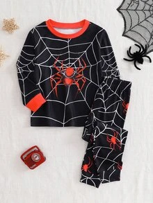SHEIN Bộ đồ ngủ mặc nhà cho bé trai dáng ôm, họa tiết nhện hoạt hình, len dệt mềm, phong cách đơn giản thoải mái, dày dặn, tay dài quần dài, phù hợp cho mùa thu/đông - màu đen - Xem 1