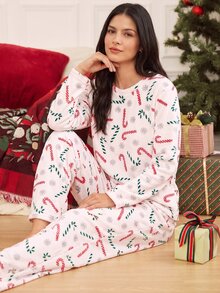 Doze Lane Christmas Fleece Print Long Sleeve Pants Women's Pajama Set - White - View 1