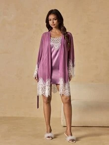 HautHeat Women's Contrast Lace Cuff Robe And Camisole Nightgown Elegant Sleepwear Set - Dusty Purple - View 3