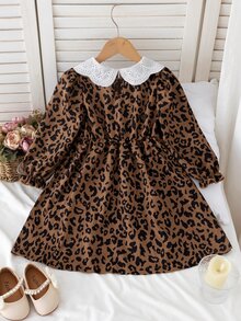 SHEIN 1pc Girls' Autumn New Fresh Style Loose Fit Long Sleeve Dress With Elastic Cuffs, Exquisite Collar, Back Opening Design, Casual Versatile Leopard - Brown - View 2