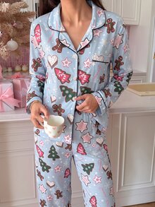 SweetSlumber Pyjamasset för kvinnor med pepparkaksgubbe-krage, långa ärmar och byxor, jultema - Blå - Visa 5