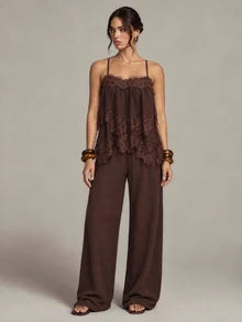 SHEIN Tall Tall Women's Brown Lace Spliced Camisole And Long Pants Two Pieces Set Fashion - Brown - View 1