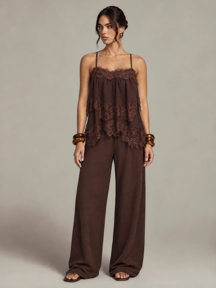 SHEIN Tall Tall Women's Brown Lace Spliced Camisole And Long Pants Two Pieces Set Fashion - Brown - View 1