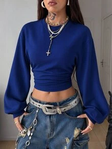 Coolane 女款秋冬返校基本款純色百褶不對稱領長袖套頭黑色運動衫 - 寶藍色 - 查看 1