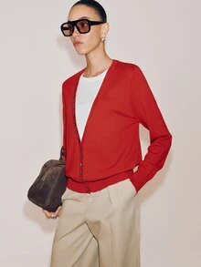 Anewsta Essential Women Elegant Fake Two Pieces Patchwork V Neck Knit Pullover Cardigan, Asymmetrical Diagonal Button Long Sleeve Knitwear, Autumn Winter Christmas & Bla - Red - View 6