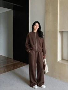 Yumoku Women's Solid Color Long Sleeve Zip-Up Hoodie And Pants Casual 2 Pieces Set - Coffee Brown - View 5