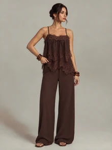 SHEIN Tall Tall Women's Brown Lace Spliced Camisole And Long Pants Two Pieces Set Fashion - Brown - View 5
