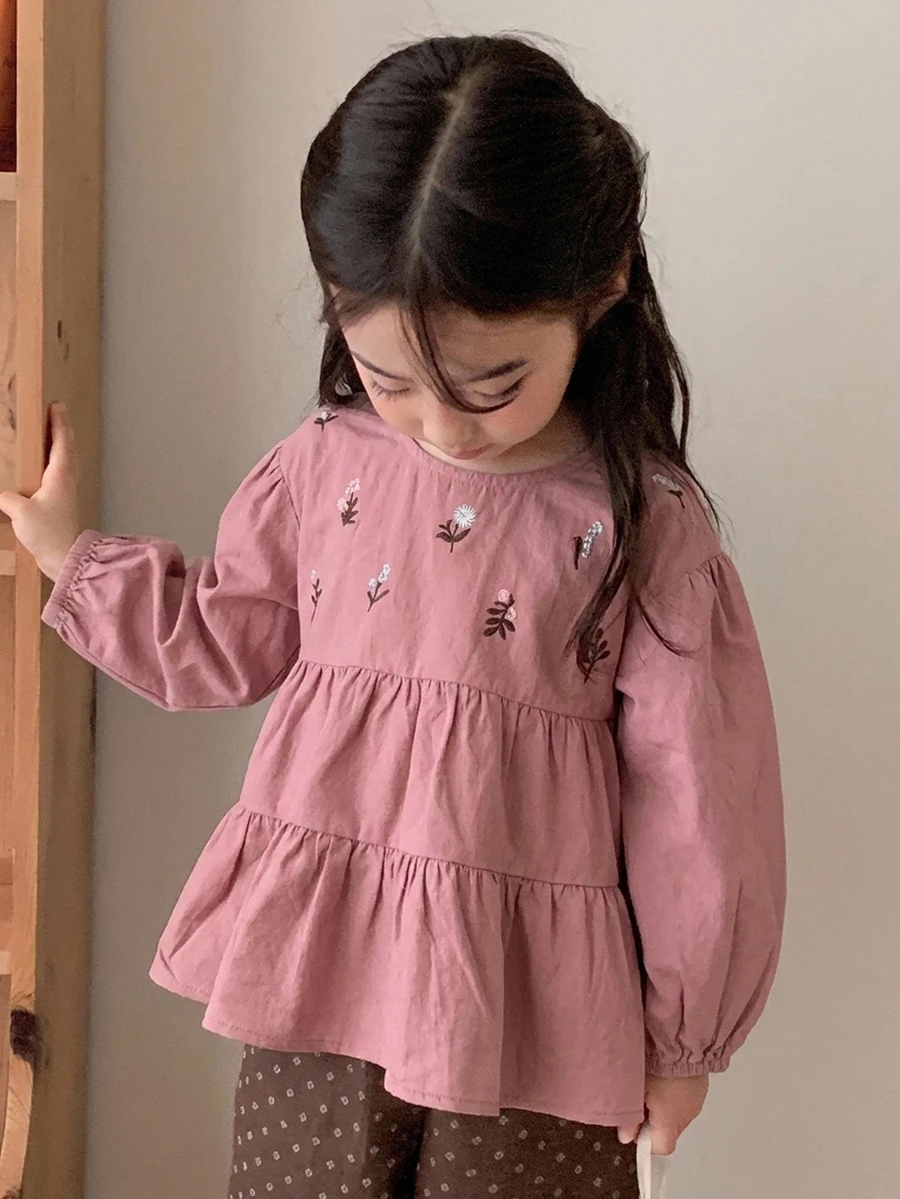 Dazy Kids 少女時尚刺繡荷葉邊下擺上衣 - 酒紅色 - 查看 1