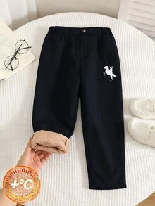 SHEIN 兒童小男孩休閒純色直筒抓絨內裡長褲，適合上學、園藝、生日、秋冬穿著 - 彩色 - 查看 5