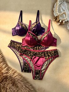 Bare Chapter Plus Size Classic Sexy Leopard Print Wild Contrast Color Satin & Mesh Top + Panties 4-Piece Set - Multicolor - View 1